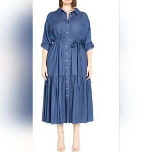 City Chic NEW Women's 14 Trendy Angela Blue Denim Boho Casual Tiered Maxi Dress